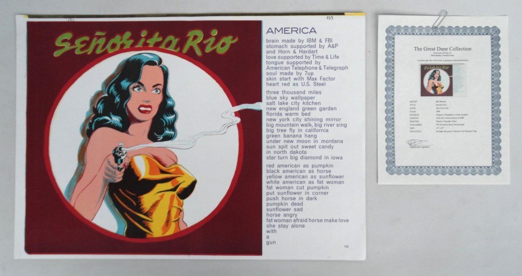 Mel Ramos "Senorita Rio": Mel Ramos "Senorita Rio", lithograph with Walasse Ting poem. 16" x 22 1/2". Sleeve included.