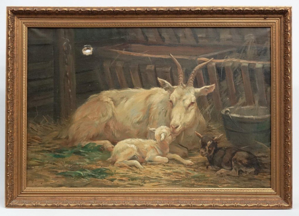 J. Murray Thompson, Barn Scene With Goats: Painting 19th c. oil on canvas, barn scene with goats. Has tear in canvas. Work 24" x 36". Signed J. Murray Thompson.