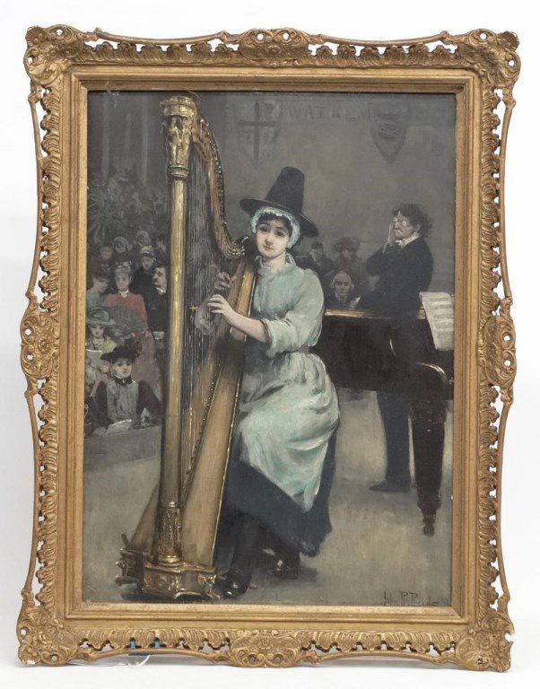 19th c. Painting Woman Playing Instrument (1 of 5)
