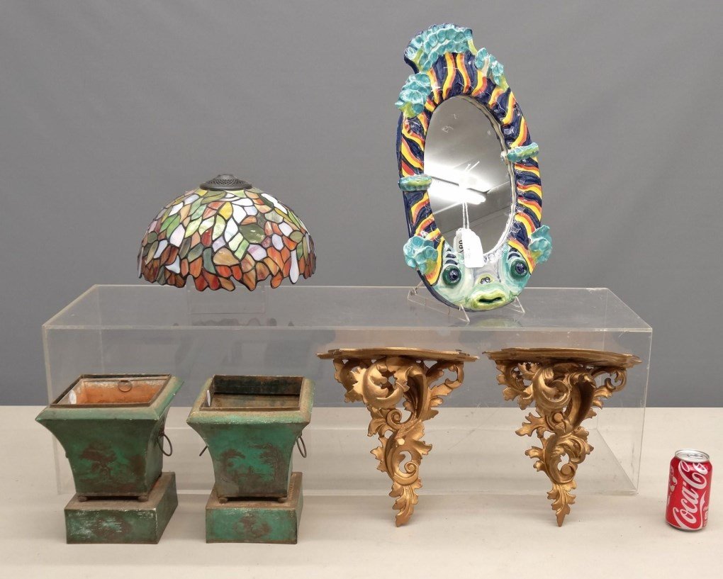 Misc. Lot: Misc. lot including stained glass shade, pair of wall brackets, ceramic mirror and pair of tole planters