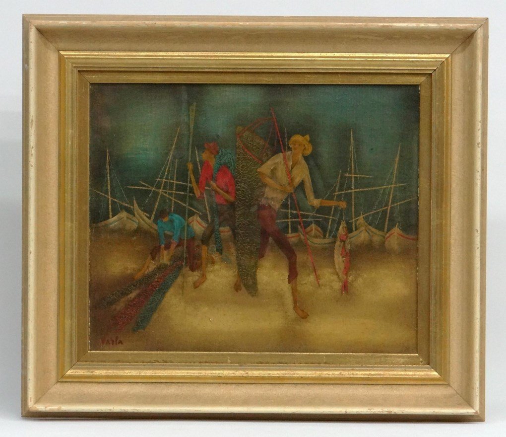 Felix Varla (Georgia/France 1903-1986): Felix Varla (Georgia/France 1903-1986), fisherman, oil on canvas, stamped reverse. Work 15" x 18". Framed behind glass.