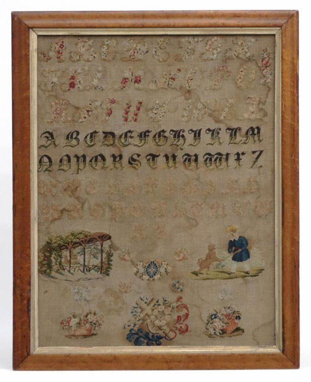 19th c. Needlework Sampler: 19th c. needlework sampler. Features alphabets, child with dog etc., sight 25 1/2" x 19 1/4".