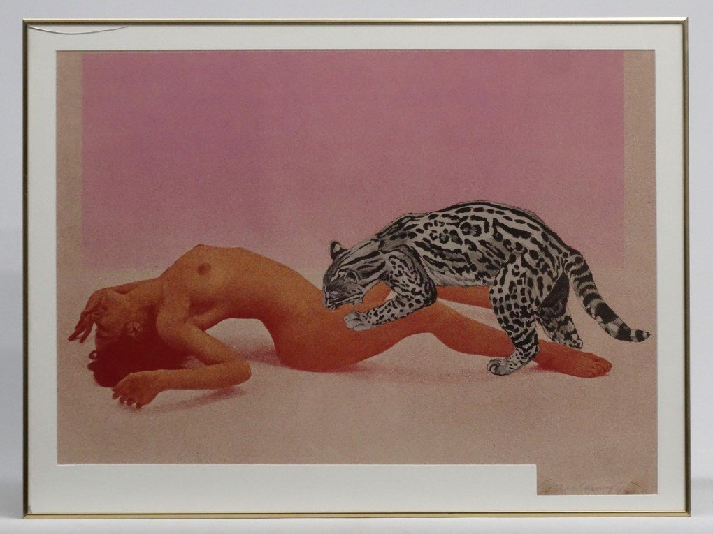 Mel Ramos (California b. 1935): Mel Ramos (California b. 1935), "Ocelot", color lithograph, pencil signed LRC, sight 22" x 30". Glass cracked top left corner.