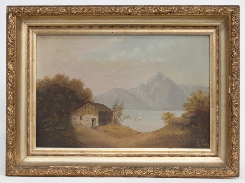 Hudson River School, Landscape: Hudson River School, landscape, oil on academy board. Signed and dated LRC "'01, E.B.M". Work 12" x 18 1/2".