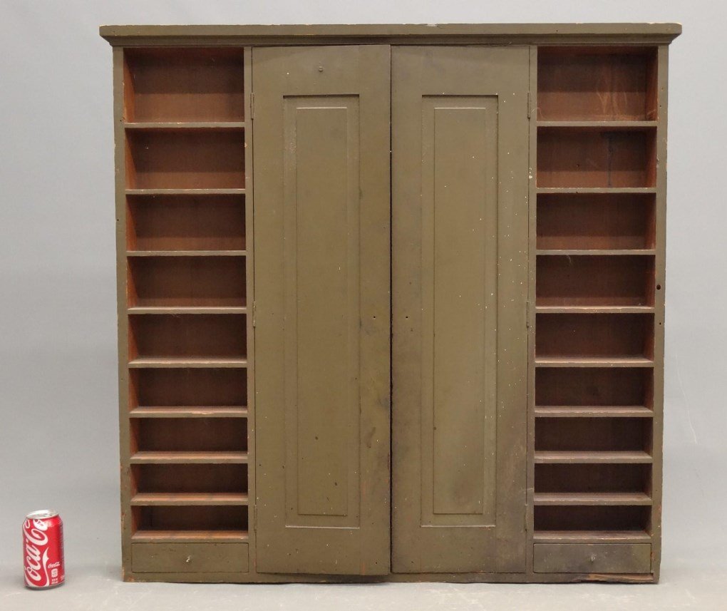 Hotel Cupboard: Early painted hanging hotel cupboard. 37" x 4" x 38" Ht..