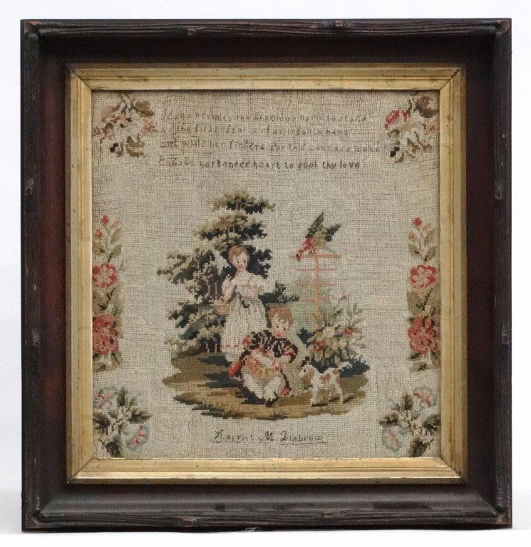 19th c. New York Sampler: 19th c. sampler "Harriet M. Disbrow". Features verse, children and florals. Sight 14 1/2" x 13 1/2". Label and info verso.