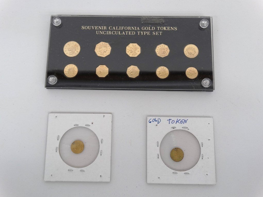 Gold Tokens: Set of (10) cased "Souvenir California Gold Tokens/Uncirculated Type Set". Mostly likely gold plated, along with (2) loose tokens.
