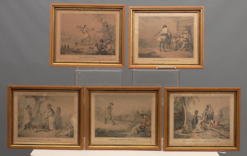 Heroic Deeds Of Former Times: "Heroic Deeds Of Former Times", series of (5) prints including "Heroism of Miss Elizabeth Zane", "Benjamin Logan saving Harrison from being scalped", "Daniel Boone & his Friends rescuing his Daughter 
