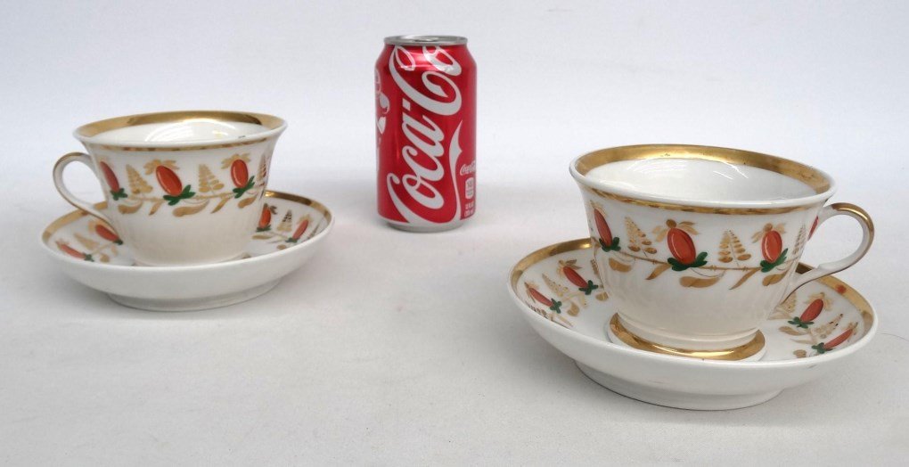 Tucker Porcelain Teacups & Saucers: Two 19th c. Tucker porcelain teacups and saucers. Tucker porcelain (Tucker Factories, Philadelphia, Penna., active 1825-38).
