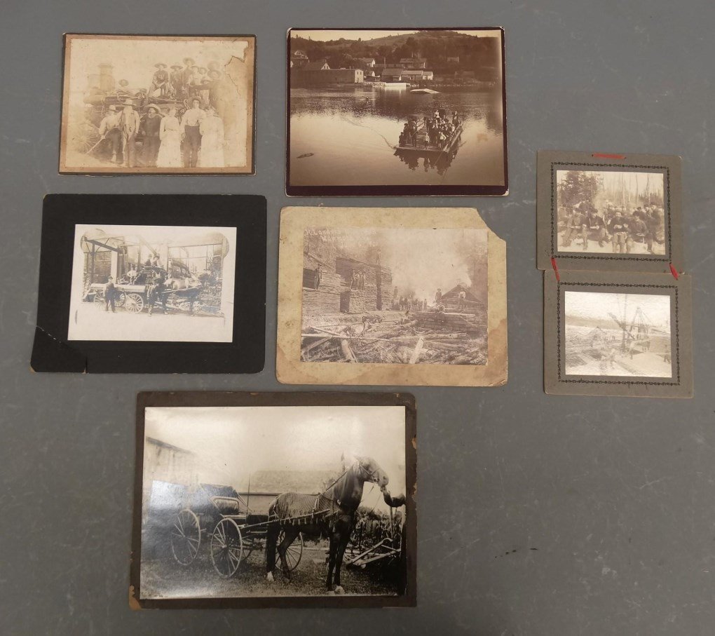 Photograph Lot: Lot (6) photographs including ferry subject, lumber subjects, farmers with machinery, horse drawn carriages etc..