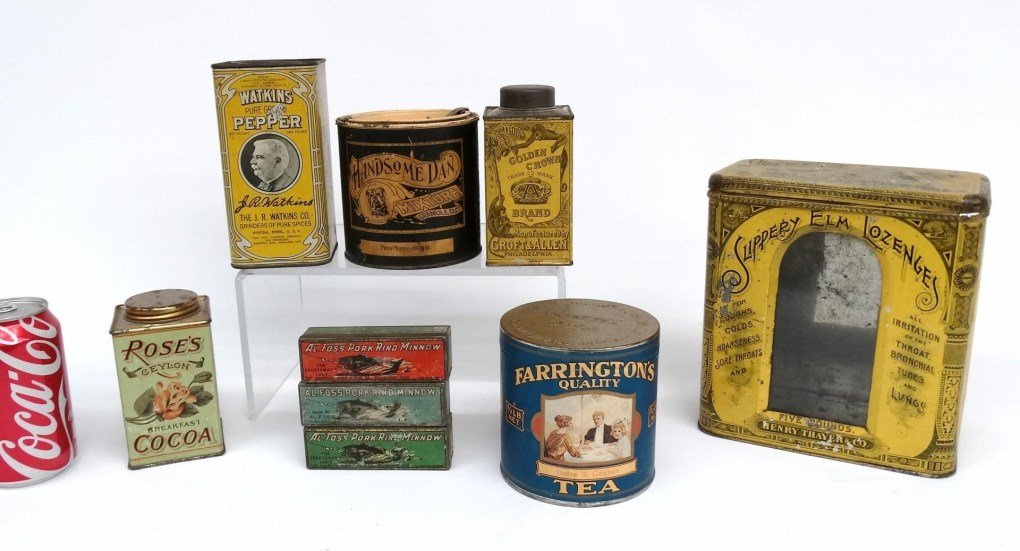 Advertising Tins: Lot (9) early advertising tins including Slippery Elm Lozenges, (3) AL. Floss minnow tins, Watkins Pepper, San Blas, Roses Cocoa, Handsome Dan, Farringtons. 5" to 8" Ht..