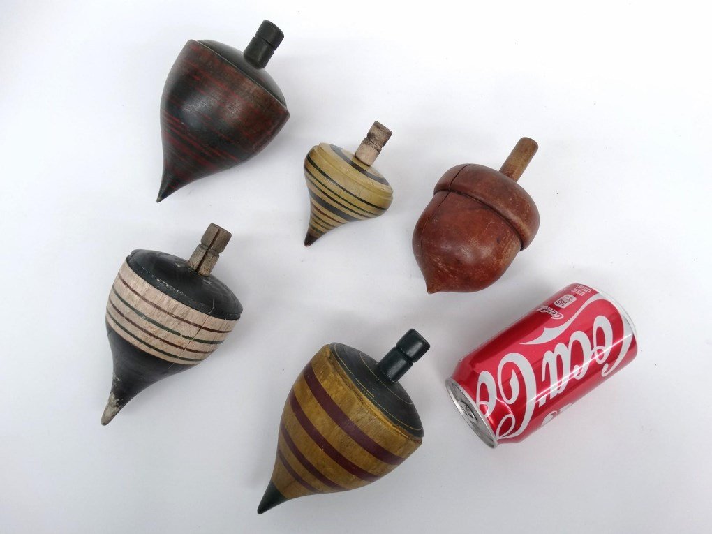 Early Wooden Spinning Tops: Lot of (5) early wooden painted spinning tops. 4 1/2" to 7" Ht..