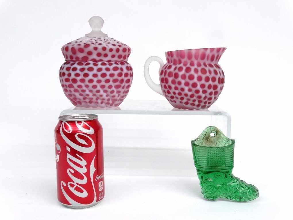 Cranberry Glass Cream And Sugar: Cranberry glass cream and sugar, along with green boot matchsafe.