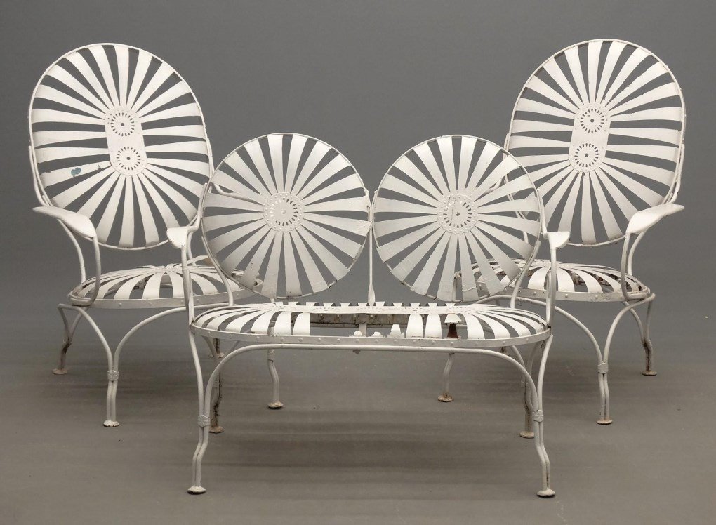 Patio Chairs: Lot including pair of vintage metal chairs and settee (seat as found).