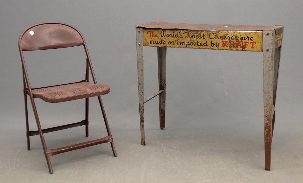 Misc. Lot: Misc. lot including metal folding chair and vintage Kraft Cheese advertising table (as found, 31" x 13" x 29 1/2" overall Ht..
