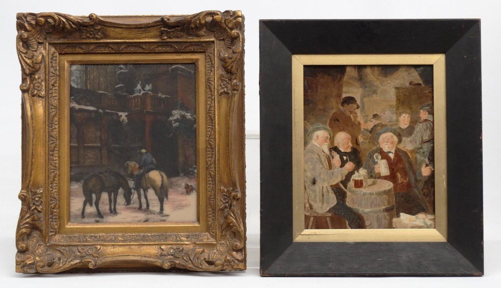 Artwork Lot: Artwork lot including Continental School, pub scene, oil on canvas (sight 9 1/2" x 7 1/2"), and oil on plastic (?), Continental School scene with figure on horseback (sight 9 1/2" x 7 1/2").