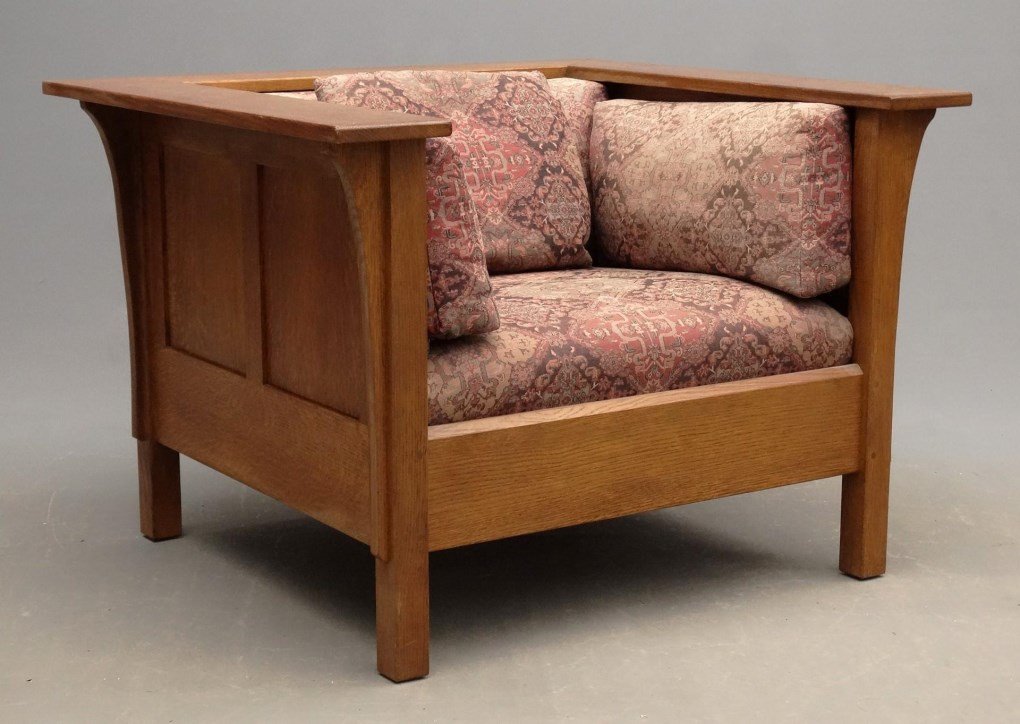 Stickley Chair: Contemporary Stickley chair with cushions. 39" x 35 1/2" x 27" Ht..