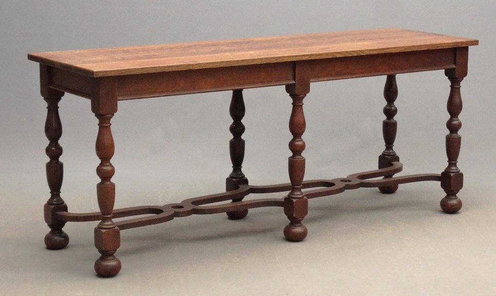 Jacobean Style Sofa Table: Jacobean style oak stretcher base sofa table. 22" x 72" x 30" Ht..