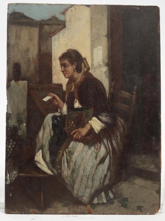 Continental School, Women On Chair: Continental School, women on chair, oil on wood panel. Unframed. 7" x 5 1/4".
