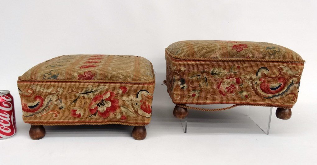 Pair Of Needlepoint Stools: Pair of needlepoint footstools. 13" x 13" x 7" Ht..