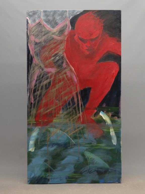 Mette Madsen Abstract: Mette Madsen, abstract, oil on canvas. Signed and dated reverse ('84). She was the wife of Richard Hambleton. 36" x 67".