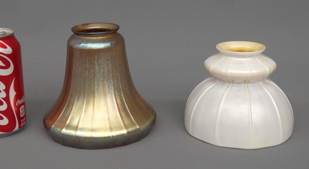 Quezal Shade: Unsigned Quezal shade, 2 1/4" fitter, along with Pairpoint (?) shade, small chip on rim. 2 1/4" fitter.