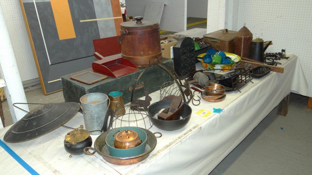 Misc. Lot: Misc. lot including metalware, tinware, Cape Cod lighter, iron, plane, tool trunk, tole spice cabinet, tool trunk etc..