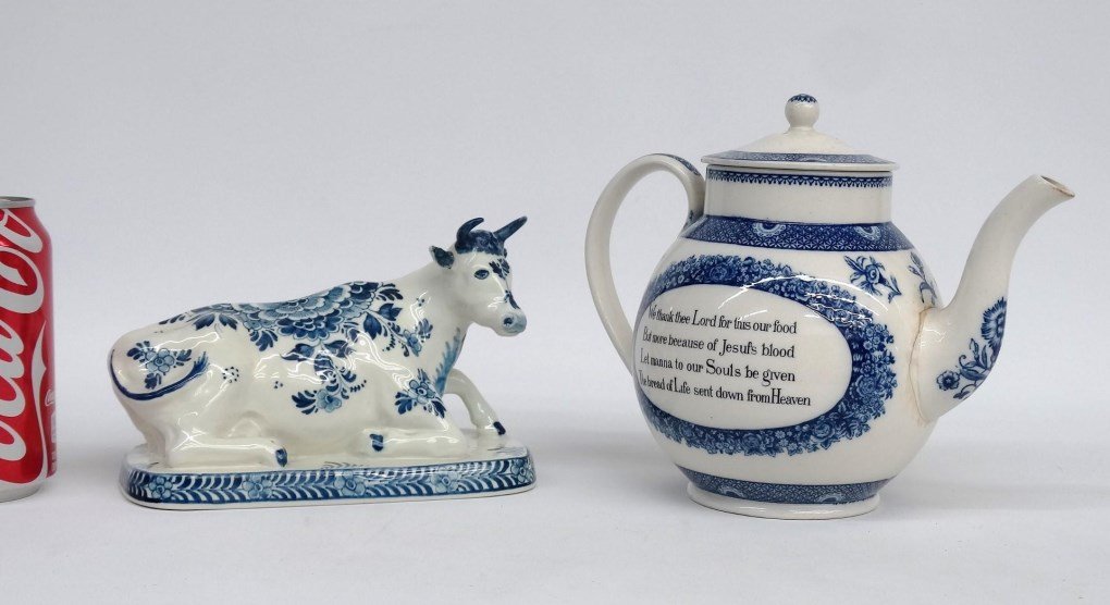 Delft Cow Figurine & English Teapot: Lot including Delft cow figurine (7 1/2" L.), and teapot marked "The John Wesley Teapot".
