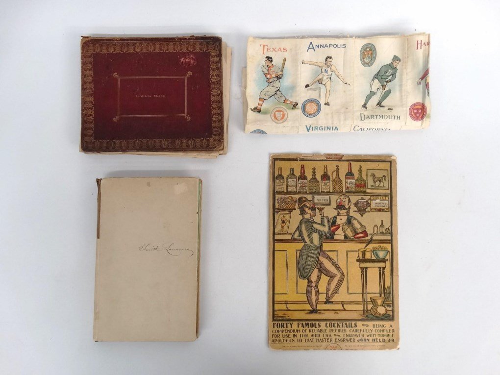Misc. Lot: Misc. lot including college theme tobacco flags, humorous cardboard cocktail card, 19th c. diary marked "Pamilia Bloom" (features original penmanship drawing and watercolors), book: "Dentologia/A Poem