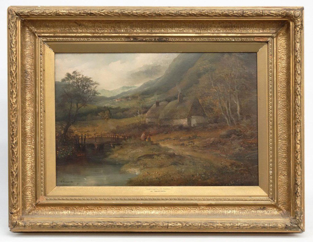 W. Richards (Francis E. Jamieson): W. Richards (also known as E. Jamieson, United Kingdom 1895-1950) "Cottage N. Wales". Work 16" x 24".