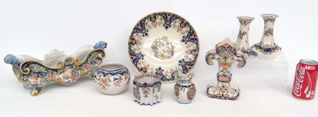 French Faience Lot: Lot (8) pieces of French Faience pottery.