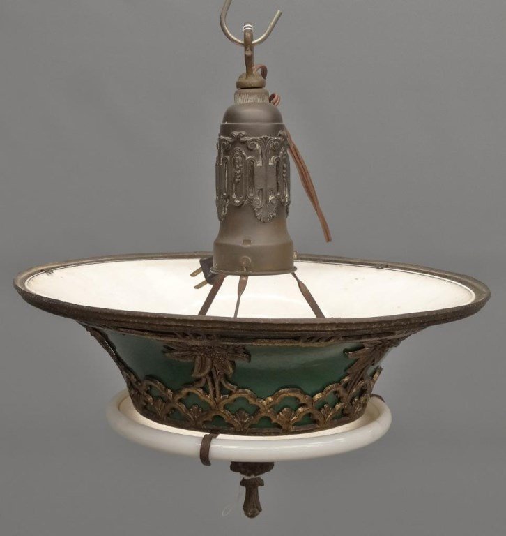 Hanging Miller Lamp: C. 1900's hanging lamp. Signed Miller. 14" D., approx. 12" Ht..