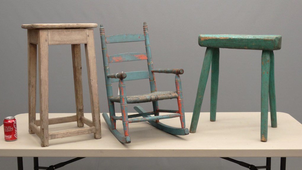 Furniture Lot: Lot including 19th c. child's chair in blue paint (26" Ht.), 19th c. stool in green paint (22" Ht.), and milking stool.
