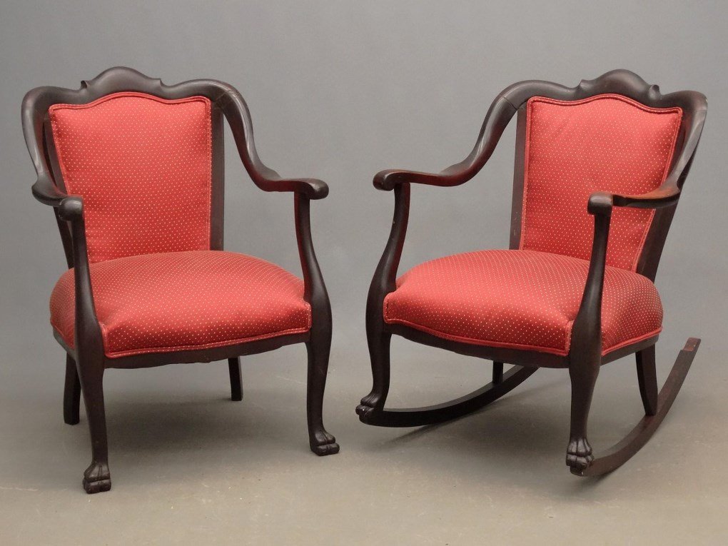 Pair Of C. 1900's Chairs: Pair of C. 1900's chairs. Includes armchair (17" seat Ht., 34" overall Ht.), rocking chair 16" seat Ht., 33" overall Ht.).