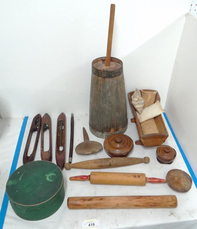 Woodenware Lot: Misc. woodenware lot including pantry box in old green paint, butter churn, woodenware etc..