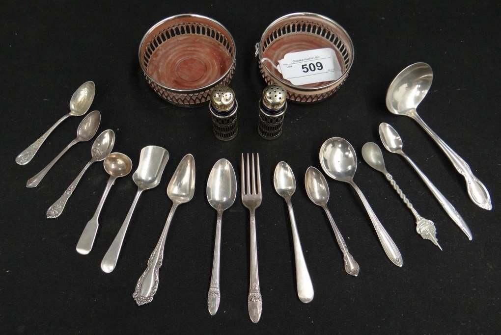 Sterling Silver & Misc. Lot: Lot including sterling spoons (42 grams), misc. silverplate including wine coasters.