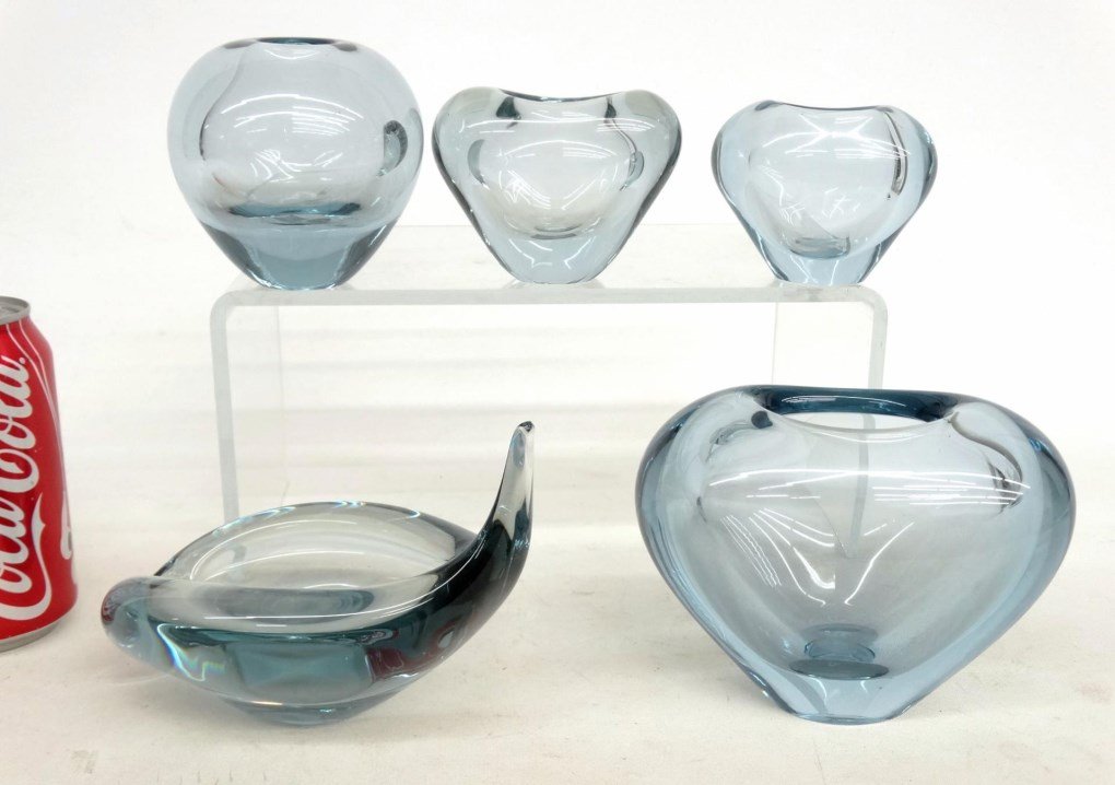 Holmegaard Glass Lot: Lot (5) signed Holmegaard glass pieces including ashtray and (4) bowls.