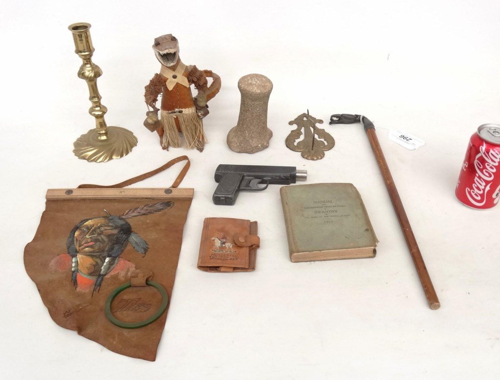 Misc. Lot: Misc. lot including 1917 Infantry Manual, Millerton N.Y. tourist items, pestle, brass candlestick, tourist alligator marked "CUBA", "AUTO-MAGIC" toy gun etc..