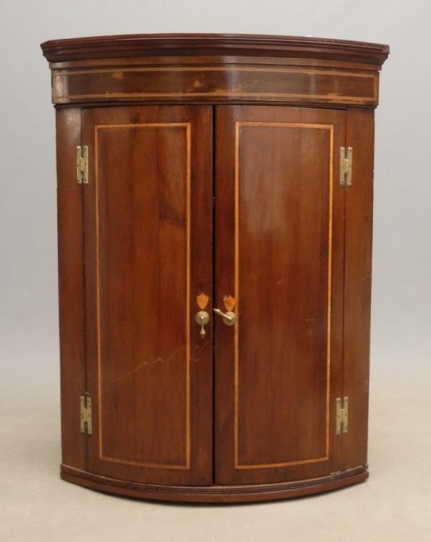 19th c. Inlaid Mahogany Corner Cabinet: 19th c. English inlaid mahogany corner cabinet. 33" x 23" x 43" Ht..