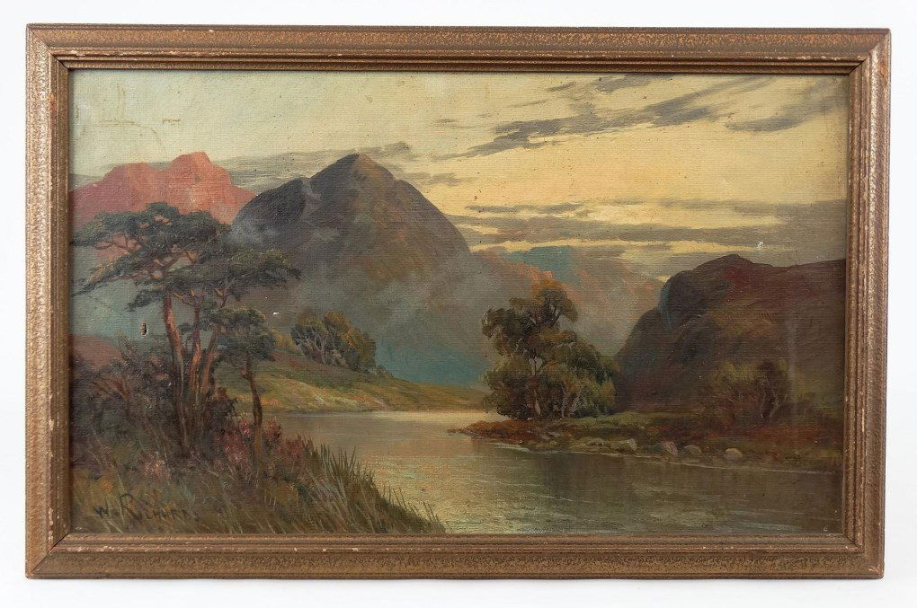 Francis E. Jamieson (1895-1950): Francis E. Jamieson (United Kingdom, 1895-1950, also known as W. Richards), landscape, "On The Coe Glencoe", oil on canvas, signed LLC "W. Richards". Work 12" x 20".
