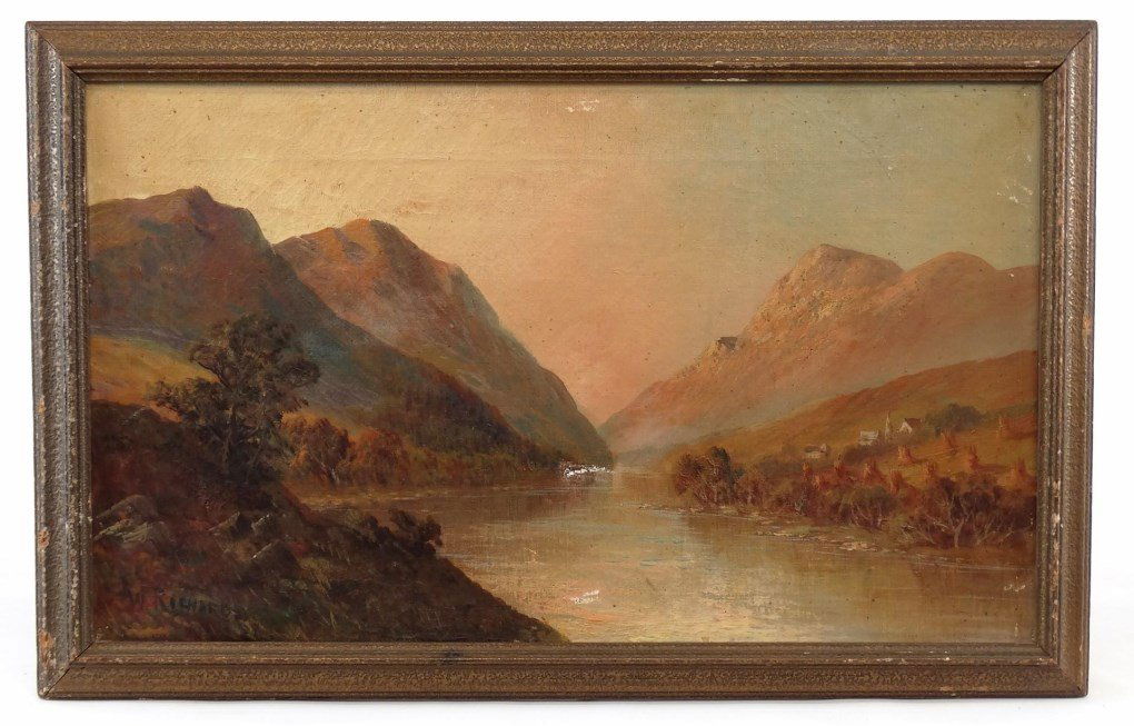 Francis E. Jamieson (1895-1950): Francis E. Jamieson (United Kingdom, 1895-1950, also known as W. Richards), landscape, oil on canvas, "Aberfeldy", signed LLC "W. Richards". Work 12" x 20". Some damage.