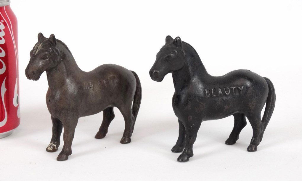 Cast Iron Still Banks: Lot (2) early cast iron horse banks "BEAUTY" (5" L.) and "MY PET" (5" L.).