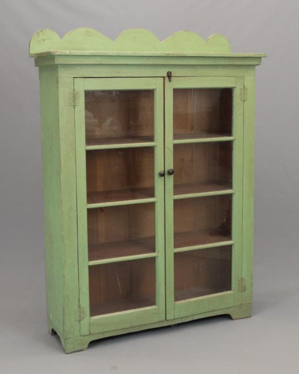 19th c. Glass Door Cupboard: 19th c. cupboard with two glass doors, old green paint. Top has backsplash. 45" x 14" x 60" Ht..