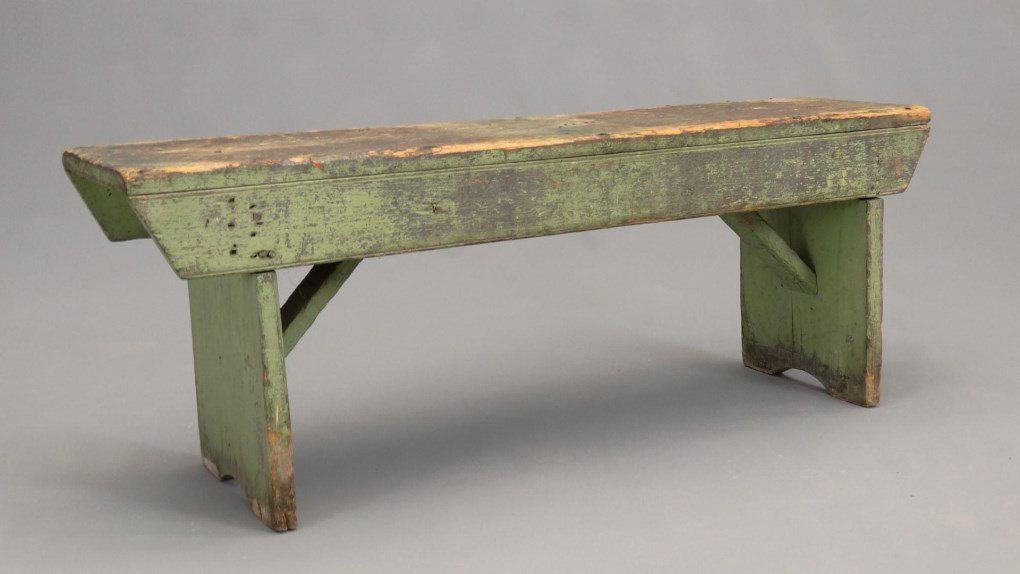 Bootjack Bench: Early bootjack bench in green paint. 48" x 12" x 17" Ht..