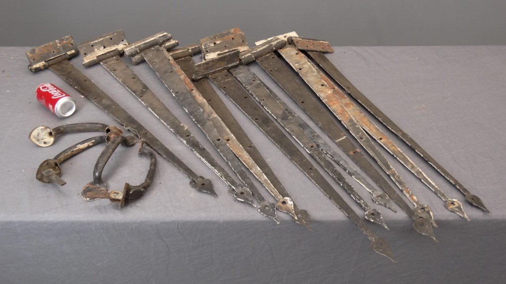 Strap Hinges & Door Handles: Lot of various strap iron hinges and door handles. Hinges 36" L..