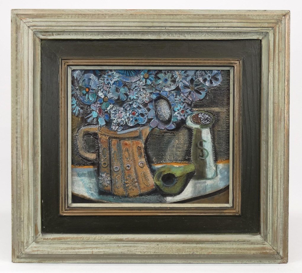 Ken Morrow "Blue Flowers and Avocado": Ken Morrow "Blue Flowers and Avocado", mixed media. Work 13" x 15". Label verso.