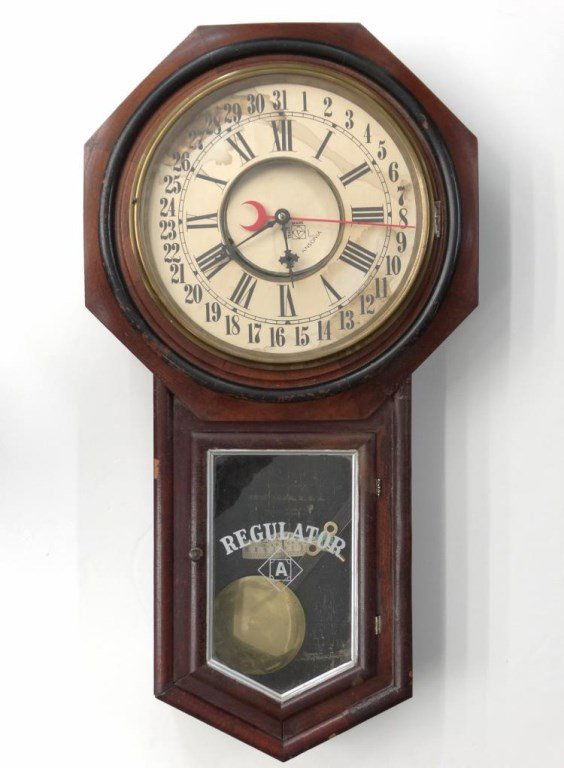 Ansonia Regulator Wall Clock: Early Ansonia regulator wall clock. 32" Ht., comes with key and pendulum.
