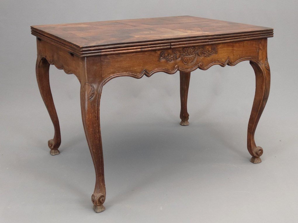 French Dining Table: French butterfly dining table. 42" x 32" x 31" Ht.. 74 1/4" extended.