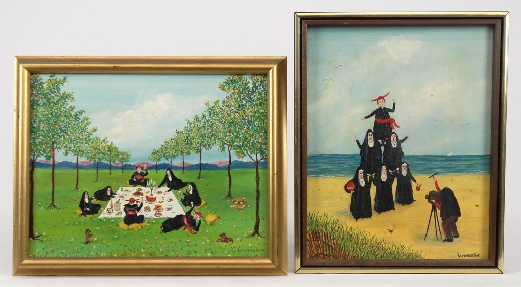 Livingston, Nuns: Lot (2) oil on canvas paintings of nuns signed "Livingston", 14" x 11" and 11" x 14".
