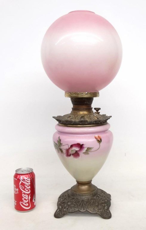 Victorian Gone With The Wind Lamp: Victorian Gone With The Wind lamp. 23" Ht., font marked "American/95/Lamp". Base has old line on ring under font.